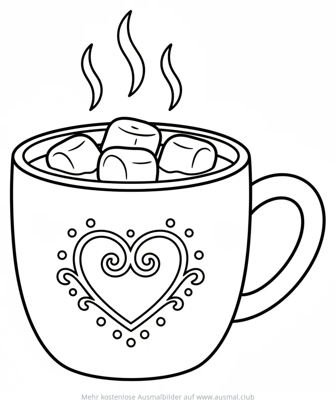 Tasse Kakao mit Marshmallows und Herzmuster Ausmalbild