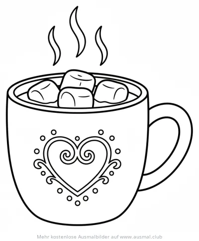 Tasse Kakao mit Marshmallows und Herzmuster Ausmalbild