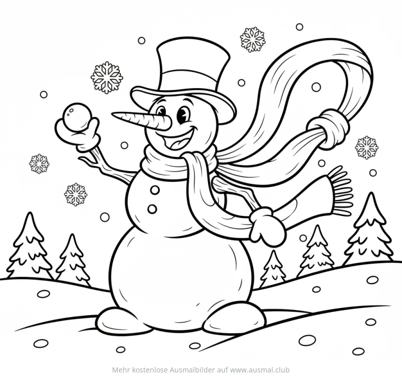Freundlicher Schneemann mit Zylinder und Schal im Winterlandschaft Ausmalbild