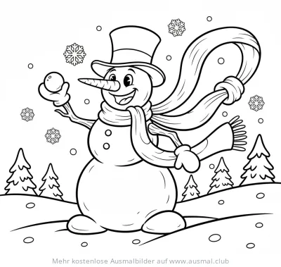 Freundlicher Schneemann mit Zylinder und Schal im Winterlandschaft Ausmalbild