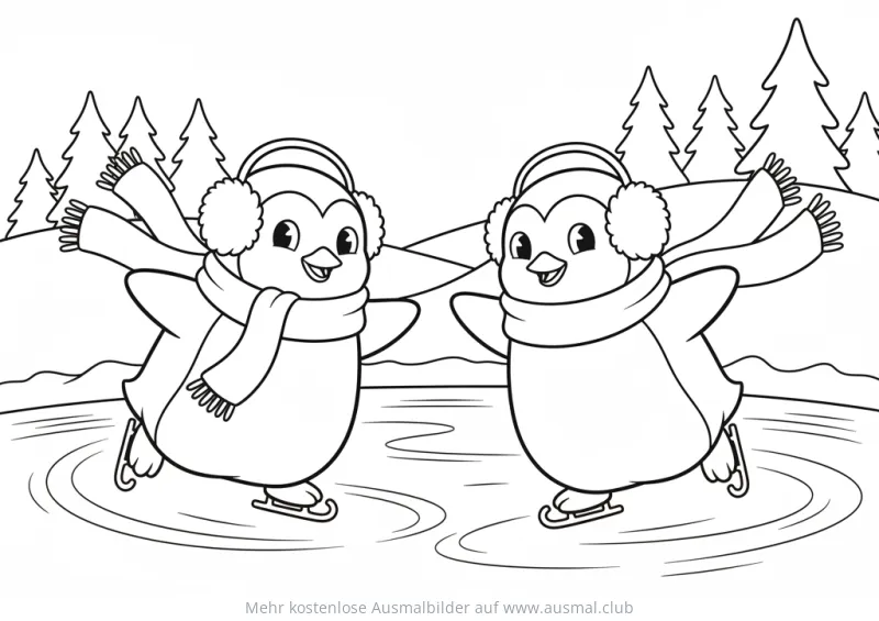 Zwei Pinguine mit Schals und Ohrenschützern auf Schlittschuhen Ausmalbild