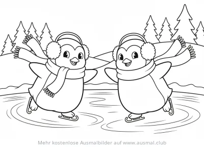 Zwei Pinguine mit Schals und Ohrenschützern auf Schlittschuhen Ausmalbild