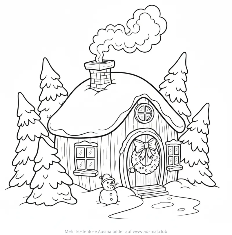 Winterliche Hütte mit Schneemann und Tannenbäumen Ausmalbild