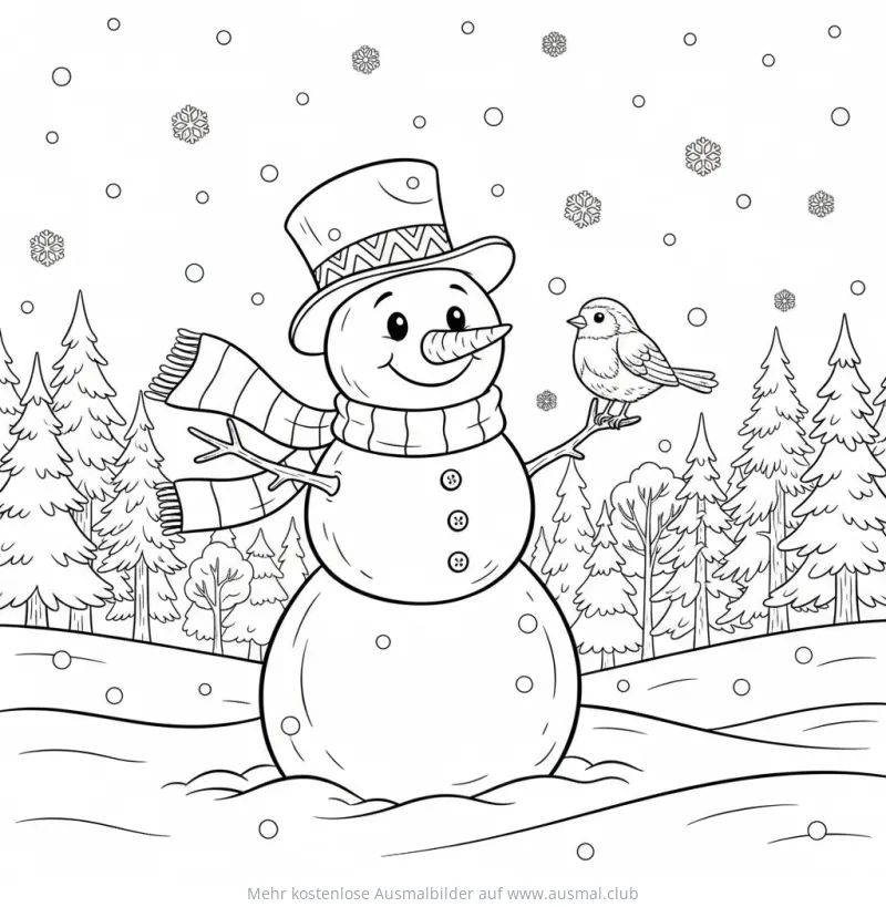 Schneemann mit Meise Ausmalbild