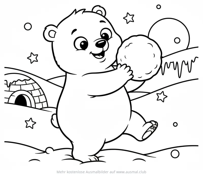 Eisbär mit Schneekugel vor Iglu Ausmalbild Winter