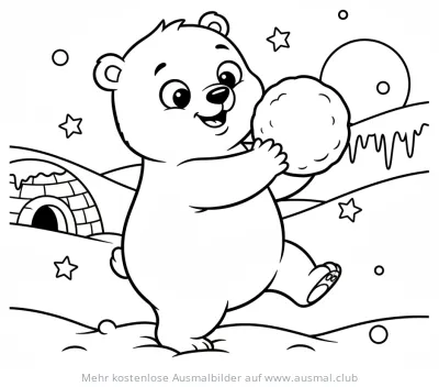 Eisbär mit Schneekugel vor Iglu Ausmalbild Winter