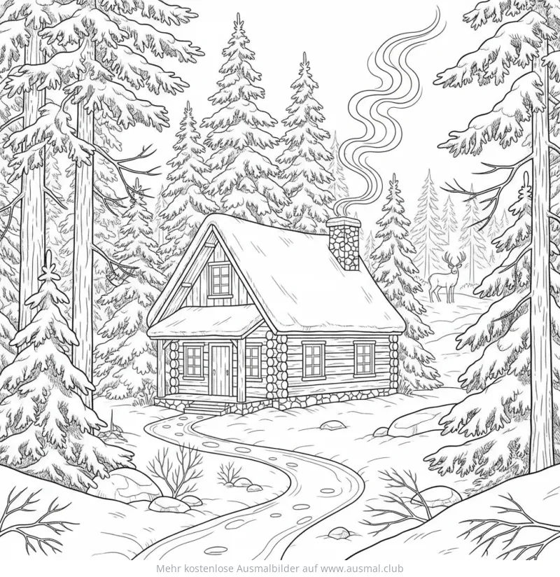 Winterhütte im verschneiten Wald Ausmalbild