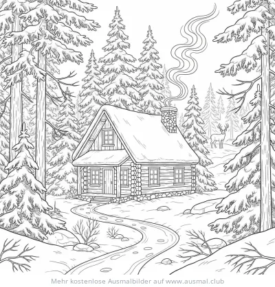 Winterhütte im verschneiten Wald Ausmalbild