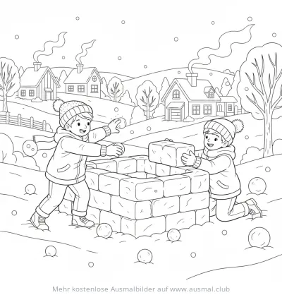 Kinder bauen Schneeburg Ausmalbild im Winter