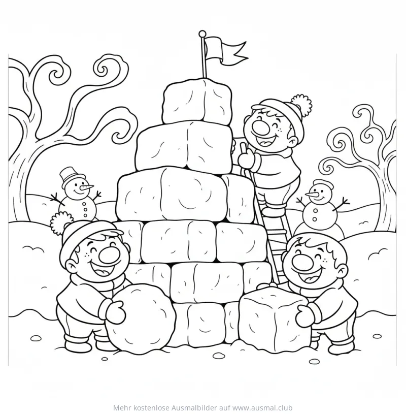 Schneeburg mit Kindern und Schneemännern Ausmalbild