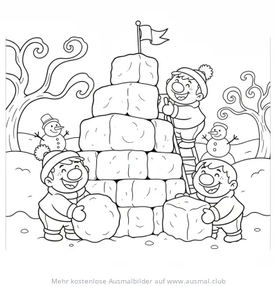 Schneeburg mit Kindern und Schneemännern Ausmalbild