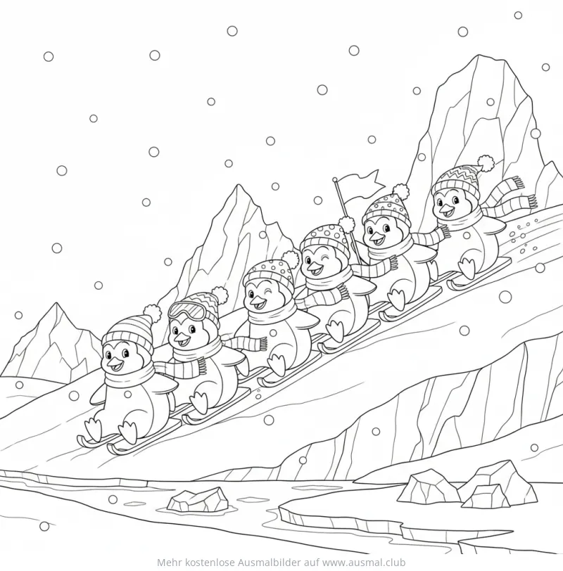 Pinguine fahren Ski Ausmalbild