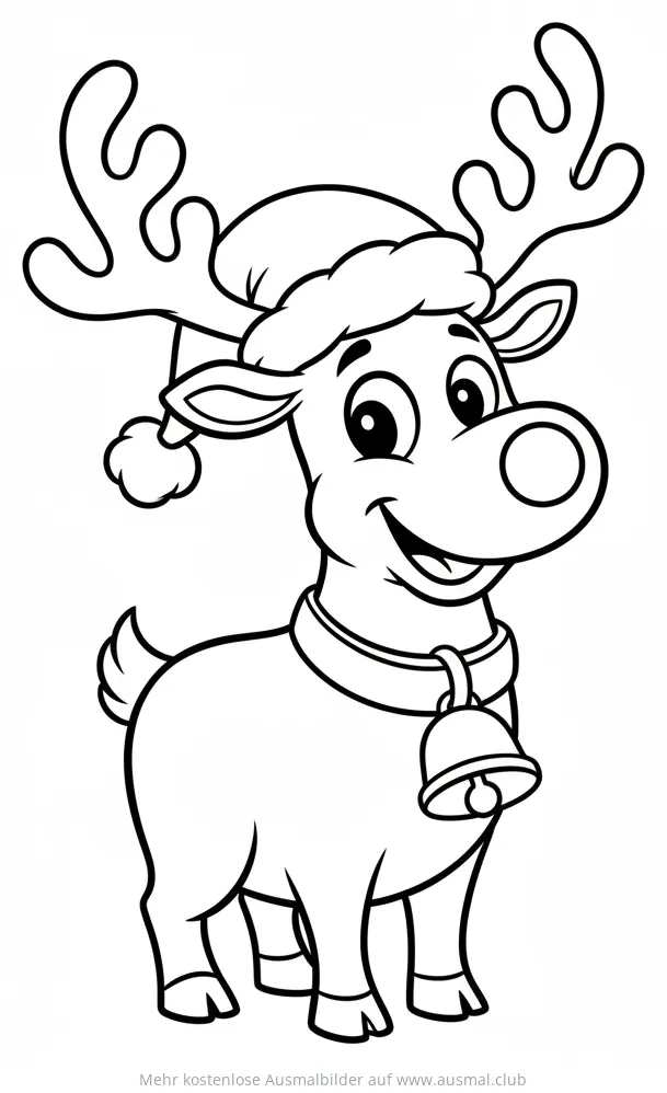 Freundliches Rentier mit Weihnachtsmannhut und Glocke Ausmalbild
