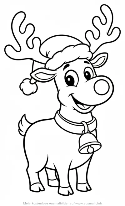 Freundliches Rentier mit Weihnachtsmannhut und Glocke Ausmalbild