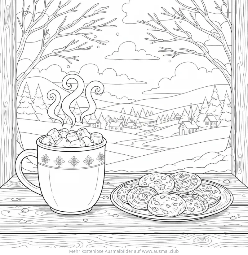 Tasse Kakao und Kekse am Fenster mit Winterlandschaft Ausmalbild