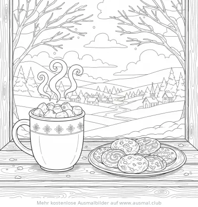 Tasse Kakao und Kekse am Fenster mit Winterlandschaft Ausmalbild