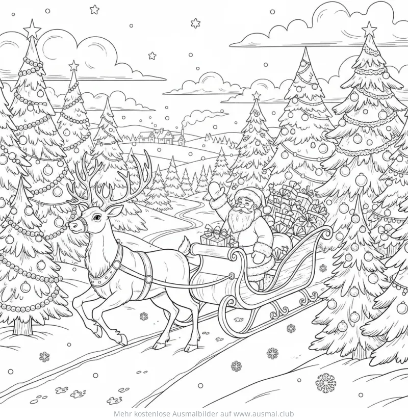 Rentier zieht Weihnachtsmann mit Schlitten durch Winterlandschaft Ausmalbild