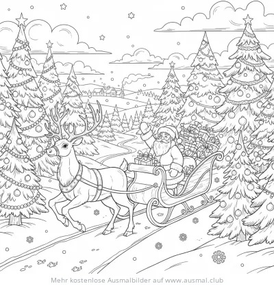 Rentier zieht Weihnachtsmann mit Schlitten durch Winterlandschaft Ausmalbild