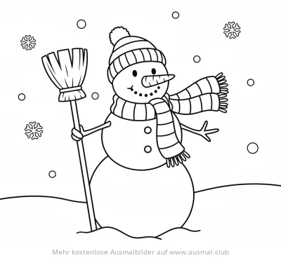 Schneemann mit Besen und Schal Ausmalbild