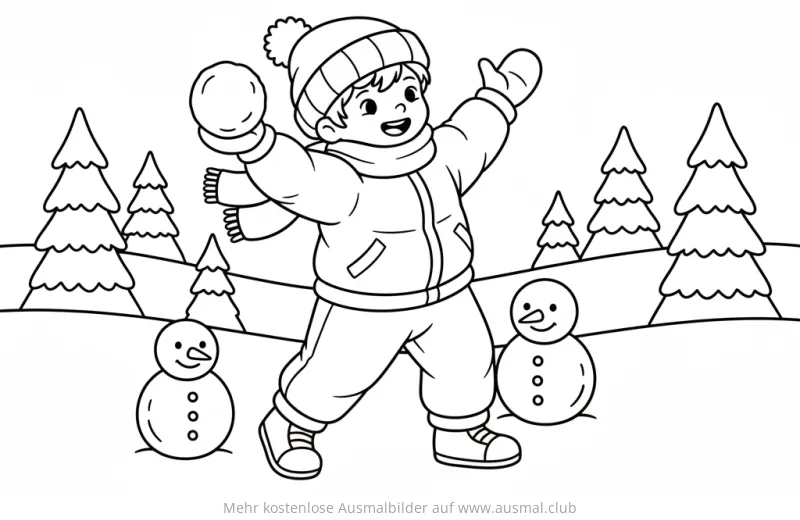 Junge wirft Schneeball im Winter, Ausmalbild