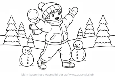 Junge wirft Schneeball im Winter, Ausmalbild