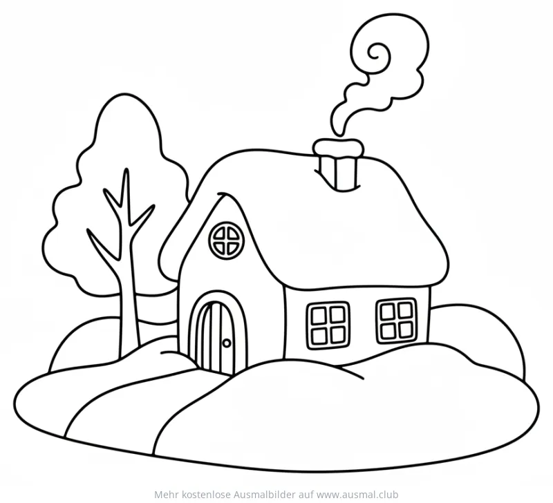 Winterhaus mit Baum Ausmalbild