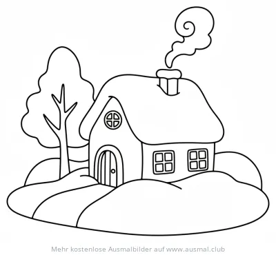 Winterhaus mit Baum Ausmalbild