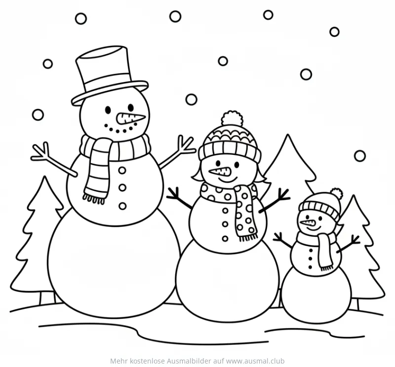 Schneemann Familie Ausmalbild mit Tannenbäumen und Schneeflocken