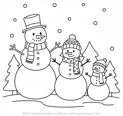 Schneemann Familie Ausmalbild mit Tannenbäumen und Schneeflocken