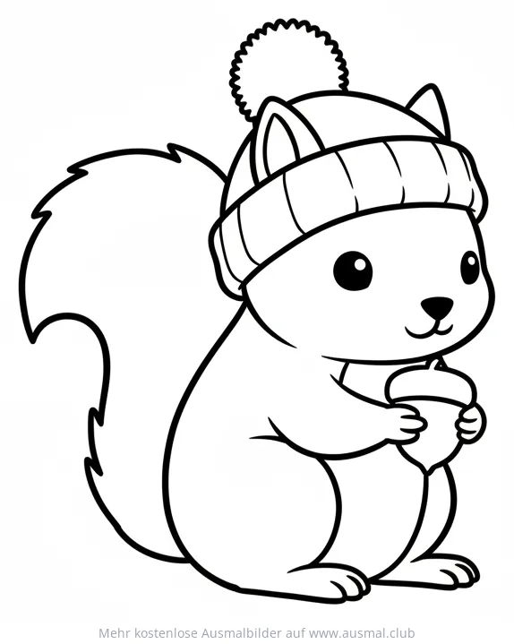 Eichhörnchen mit Mütze und Eichel Ausmalbild