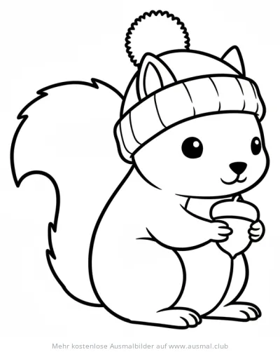Eichhörnchen mit Mütze und Eichel Ausmalbild