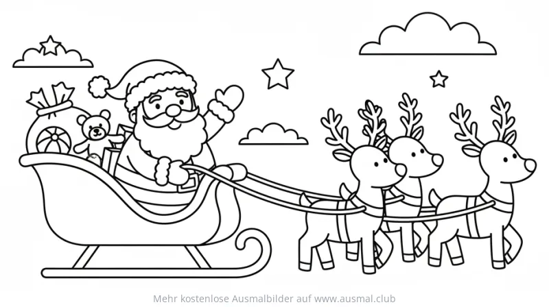 Weihnachtsmann im Schlitten mit Rentieren Ausmalbild