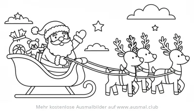 Weihnachtsmann im Schlitten mit Rentieren Ausmalbild