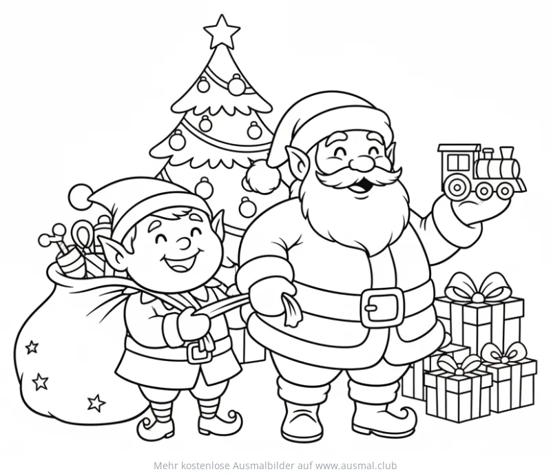 Weihnachtsmann, Elf, Weihnachtsbaum und Geschenke Ausmalbild