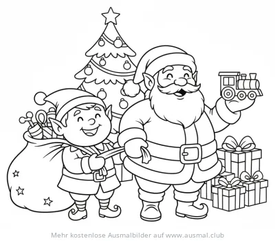 Weihnachtsmann, Elf, Weihnachtsbaum und Geschenke Ausmalbild