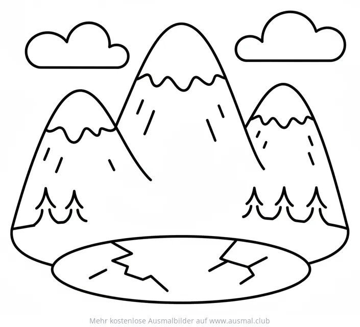 Berglandschaft mit Schnee, Wolken und zugefrorenem See Ausmalbild