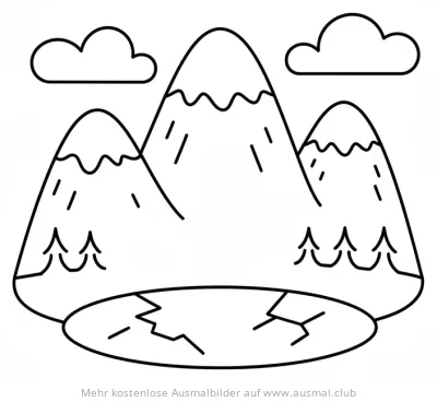 Berglandschaft mit Schnee, Wolken und zugefrorenem See Ausmalbild