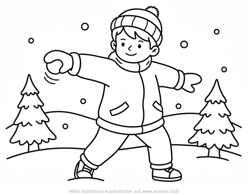 Junge wirft Schneeball Ausmalbild mit Tannenbäumen