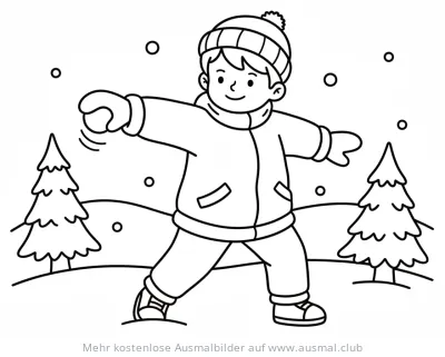 Junge wirft Schneeball Ausmalbild mit Tannenbäumen