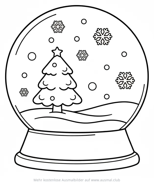 Schneekugel mit Tannenbaum und Schneeflocken Ausmalbild