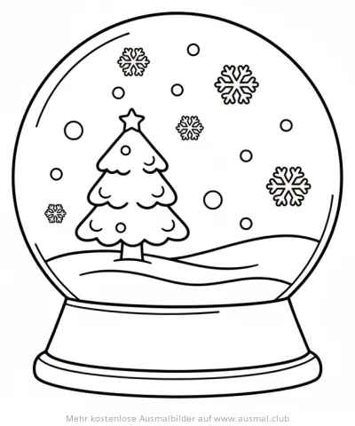 Schneekugel mit Tannenbaum und Schneeflocken Ausmalbild