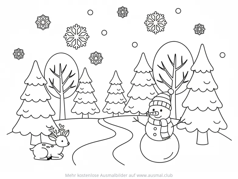 Winterwald mit Schneemann und Reh Ausmalbild
