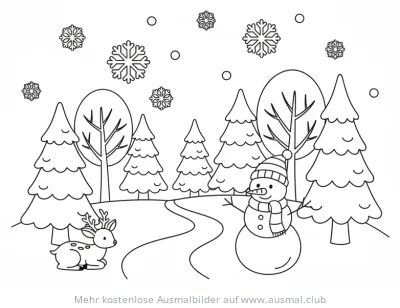 Winterwald mit Schneemann und Reh Ausmalbild