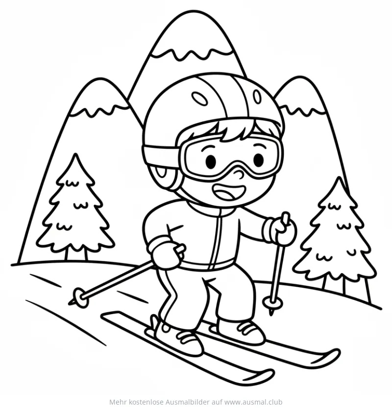 Skifahrer mit Helm und Skibrille vor Berglandschaft Ausmalbild