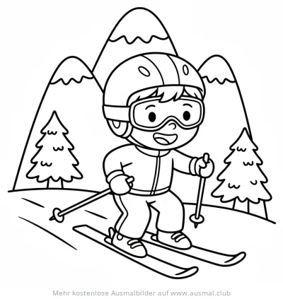 Skifahrer mit Helm und Skibrille vor Berglandschaft Ausmalbild