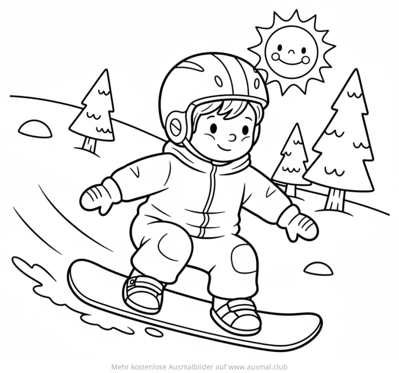 Junge fährt Snowboard Ausmalbild mit Sonne und Tannenbäumen