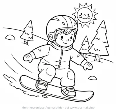 Junge fährt Snowboard Ausmalbild mit Sonne und Tannenbäumen