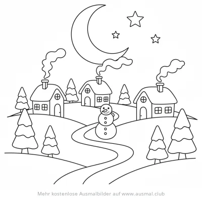 Winterdorf mit Schneemann, Häusern, Mond und Sternen Ausmalbild