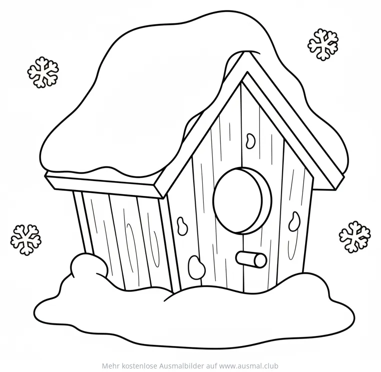 Vogelhaus im Winter mit Schnee Ausmalbild
