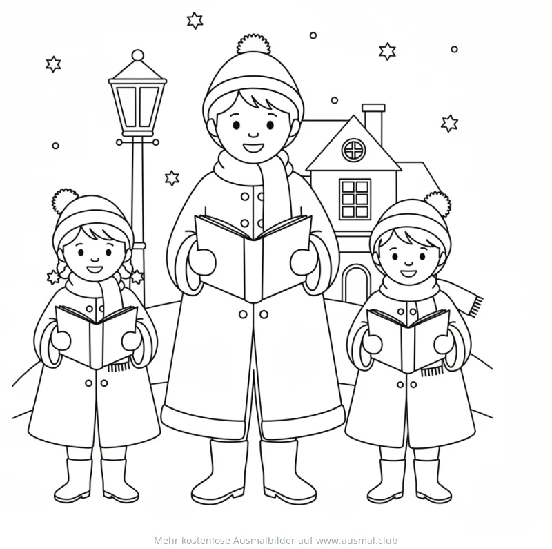 Drei Weihnachtssänger mit Büchern vor verschneitem Haus Ausmalbild